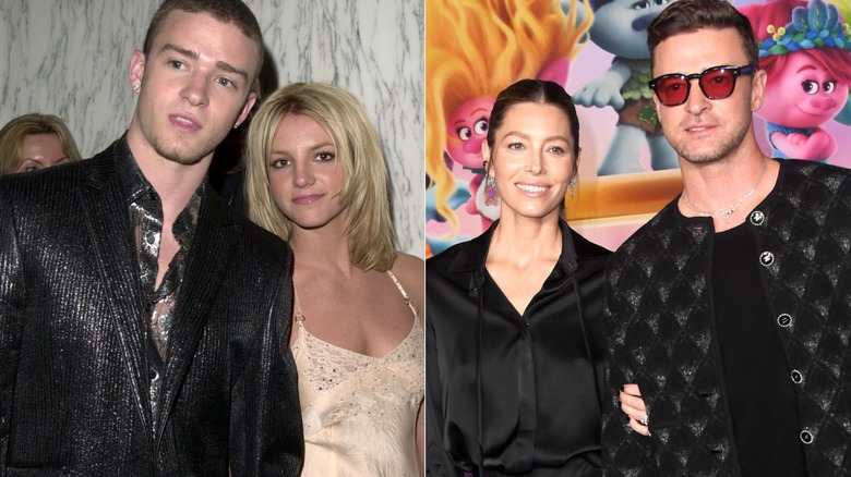 Left: Justin Timberlake and Britney Spears stand together, Right: Jessica Biel and Justin Timberlake stand together