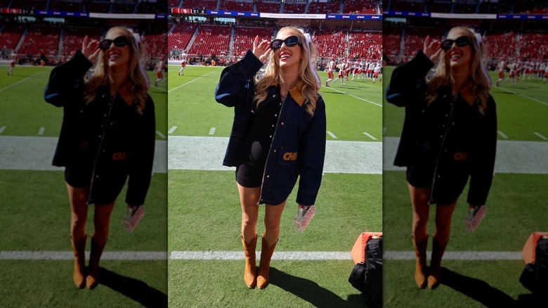 Brittany Mahomes showing off her custom denim jacket