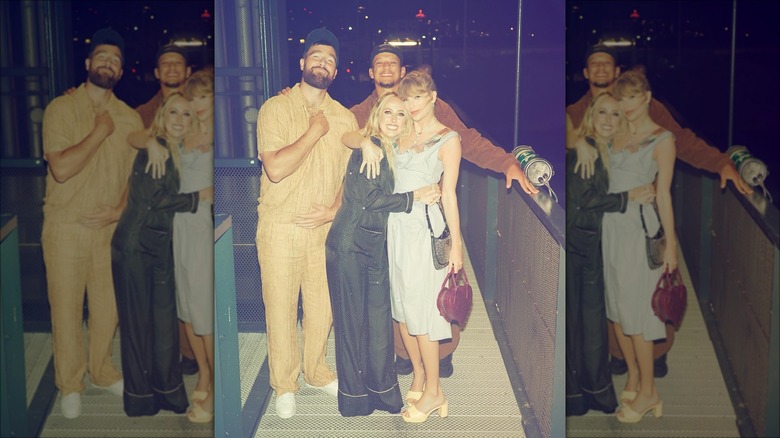 Patrick and Brittany Mahomes posing with Taylor Swift and Travis Kelce