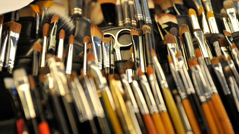 makeup brushes laid out on table