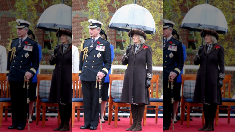 Camilla, Queen Consort holds umbrella with King Charles III