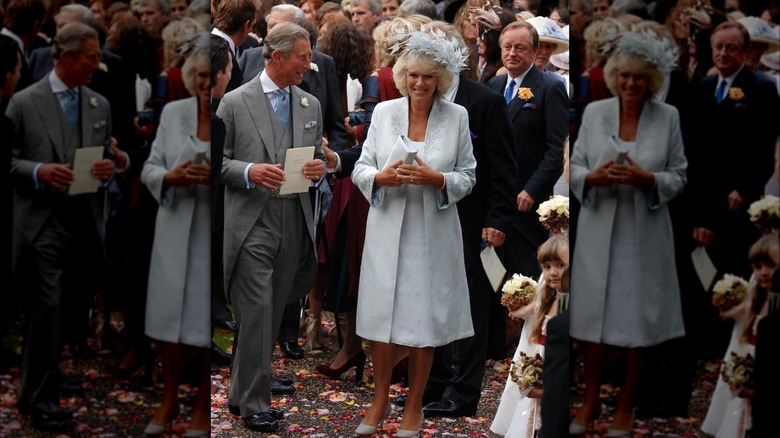 Camilla, Queen Consort smiles in feathered fascinator 