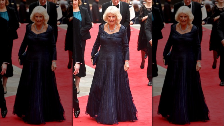 Camilla, Queen Consort smiles on a red carpet