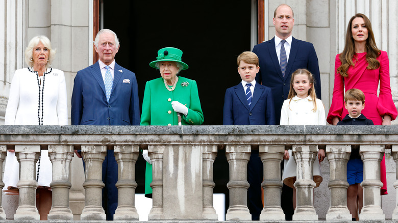 Camilla Parker Bowles, Prince Charles, Queen Elizabeth, Prince William, Kate Middleton, and their three children