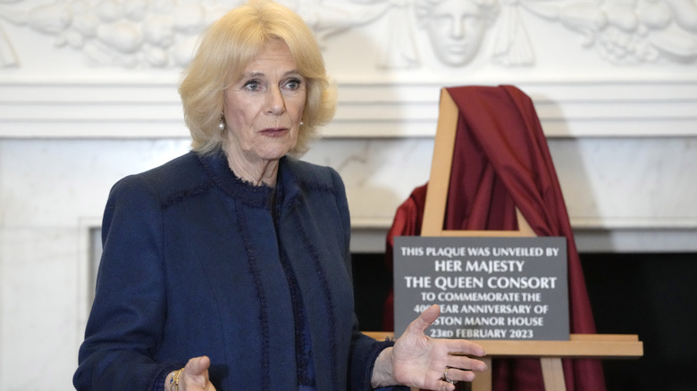 Queen consort Camilla giving speech with plaque with Queen consort title in background