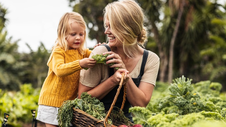 Woman and child picking kale