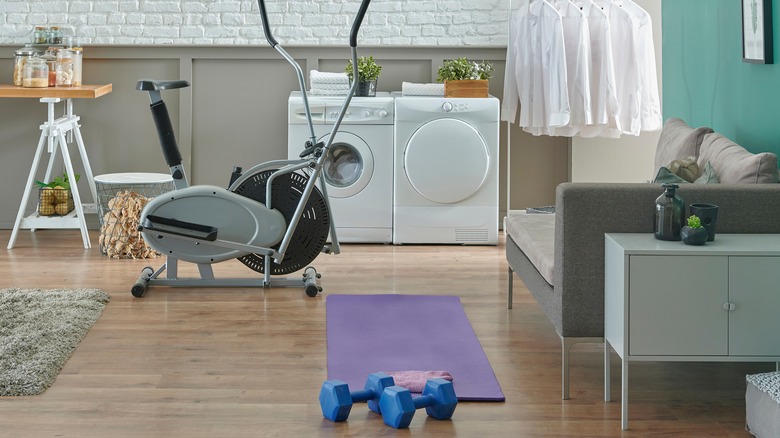 Exercise equipment in front of washing machine