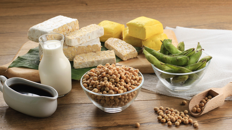 Soybeans, tofu, edamame, and other soy products on a wooden table