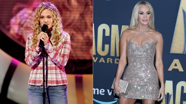 Side-by-side comparison of Carrie Underwood's looks