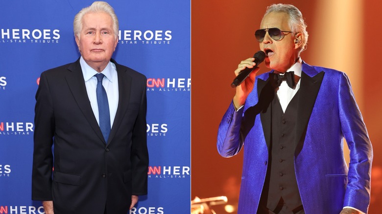 Martin Sheen at an event and Andrea Bocelli performing