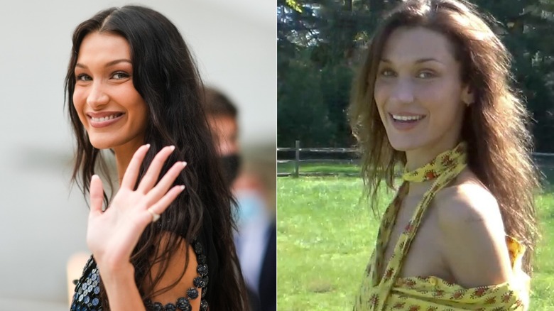 Bella Hadid with long black hair vs brown hair without extensions