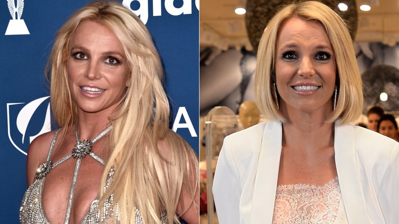 Britney Spears with long blonde hair vs short bob