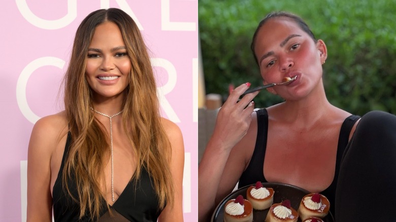 Chrissy Teigen with long extensions vs slicked hair in a bun