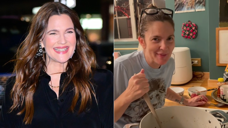 Drew Barrymore with long wavy hair vs hair in a bun