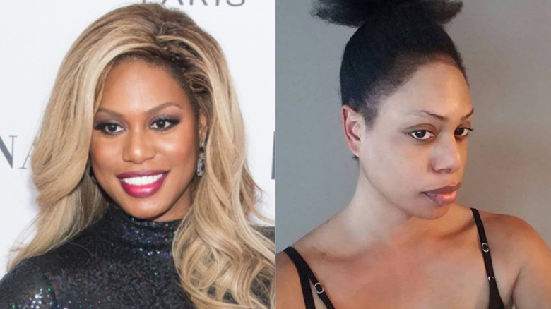 Laverne Cox with long wavy blonde hair vs natural hair