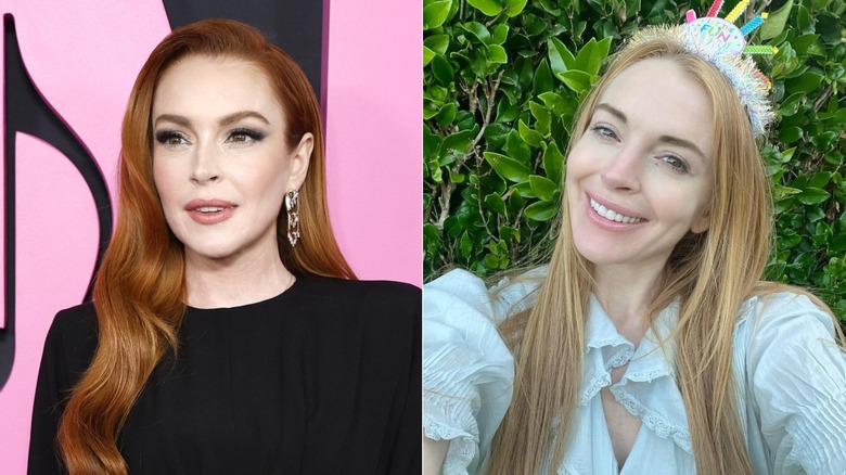 Lindsay Lohan with long red extensions vs blonde hair