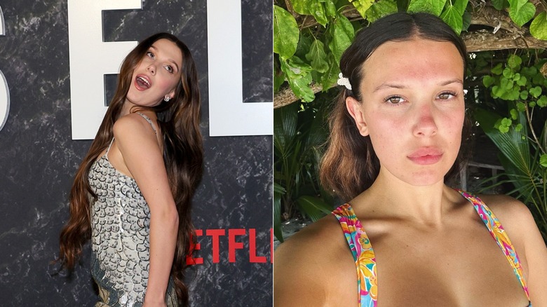 Millie Bobby Brown with long brown hair extensions vs short hair