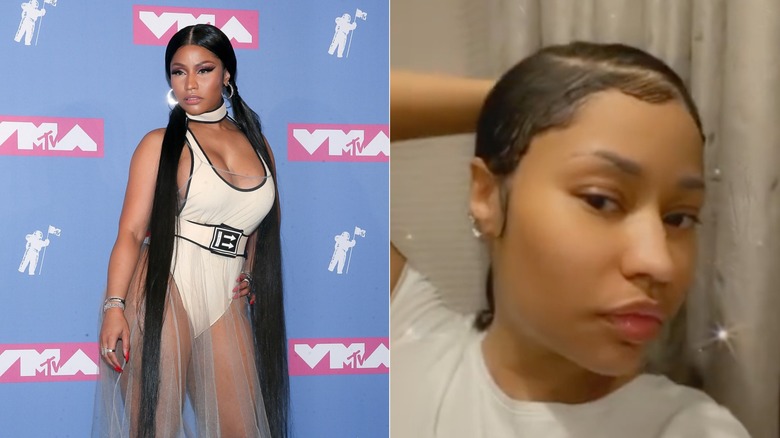 Nicki Minaj with very long extensions vs natural hair