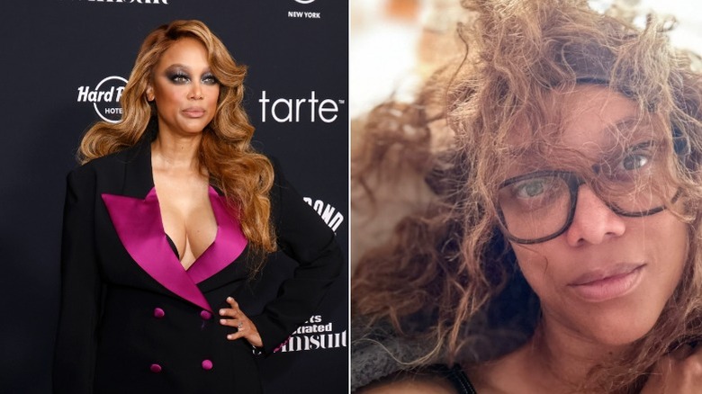 Tyra Banks with sleek wavy hair vs natural curls