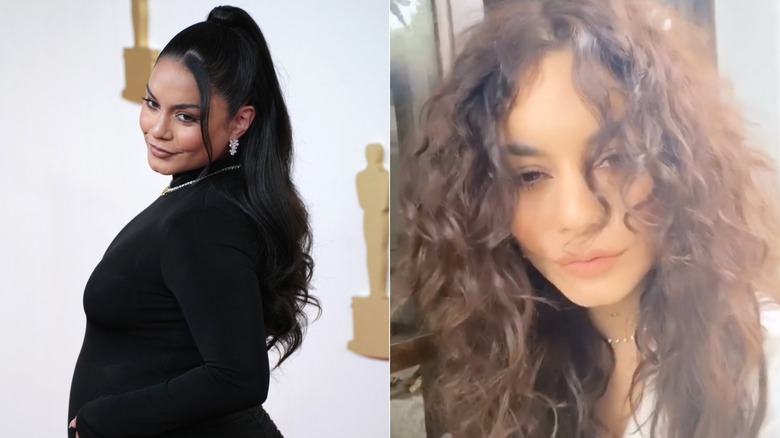 Vanessa Hudgens with long black hair vs natural curls