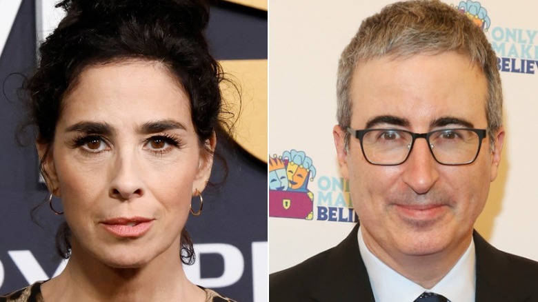 A split image of John Oliver and Sarah Silverman posing at events