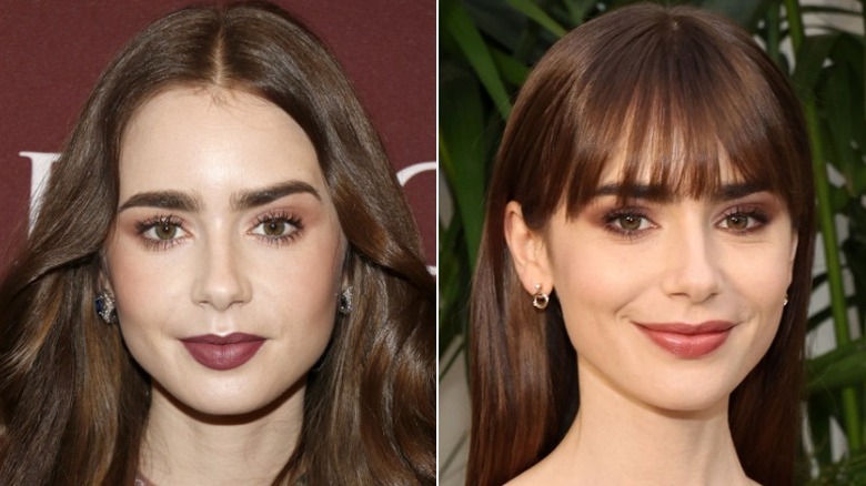 Lily Collins with no bangs and long bangs