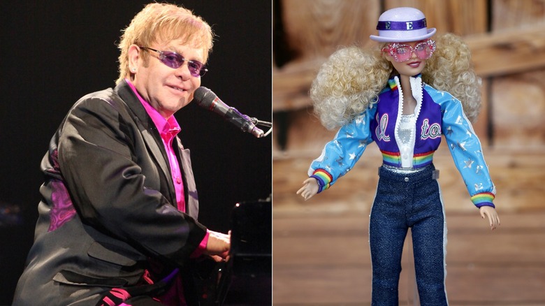 Elton John and his Barbie split image