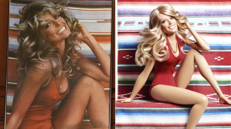 Farrah Fawcett and her Barbie split image