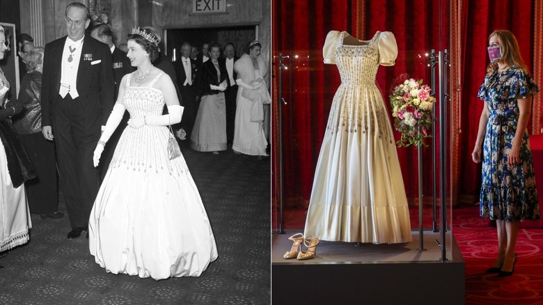 Queen Elizabeth smiling, Princess Beatrice standing beside a display of her wedding dress