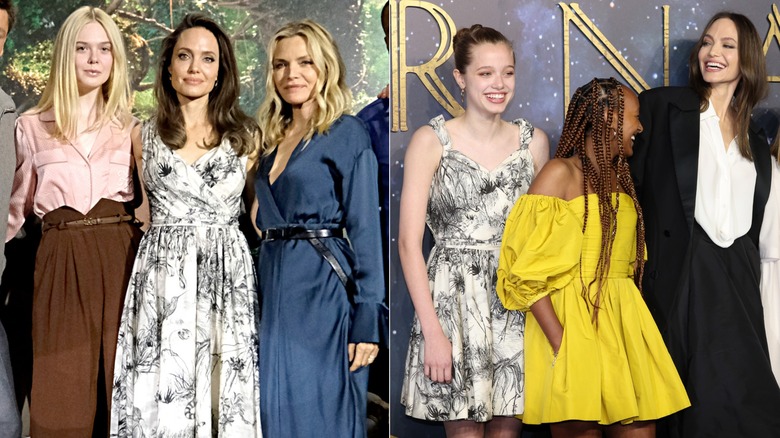 Angelina Jolie and Maleficent cast members posing, Angelina Jolie laughing with daughters Shiloh and Zahara