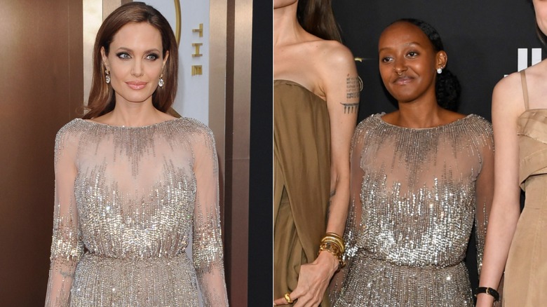 Angelina Jolie posing, Zahara Jolie-Pitt smiling