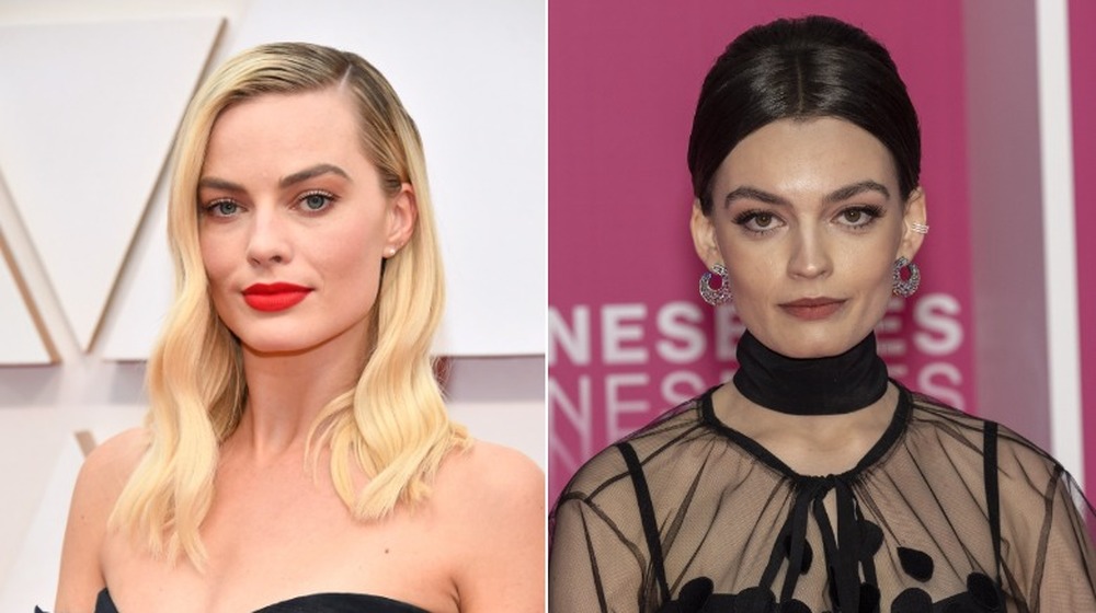 Margot Robbie and Emma Mackey, split image