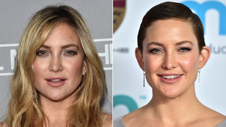 Kate Hudson with long blond hair and a brunette pixie cut