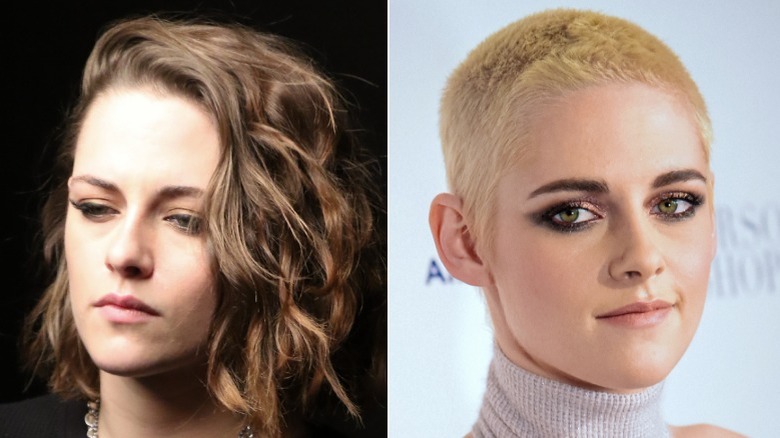 Kristen Stewart with long brown hair and a blond buzzcut