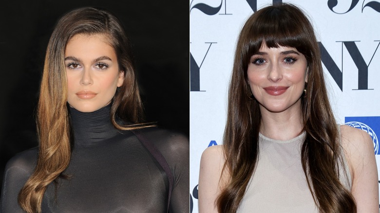 A split image of Kaia Gerber and Dakota Johnson