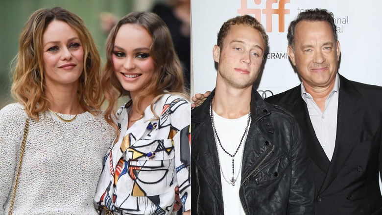 A split image of Lily Rose-Depp with her mom and Tom Hanks with his son