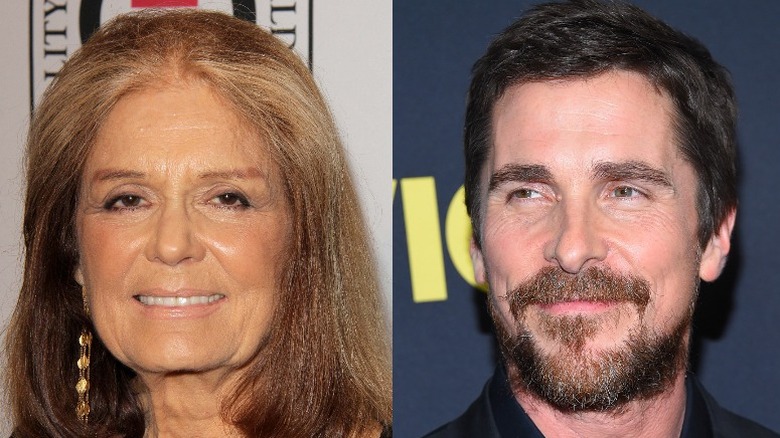 Gloria Steinem and step-son Christian Bale smiling 