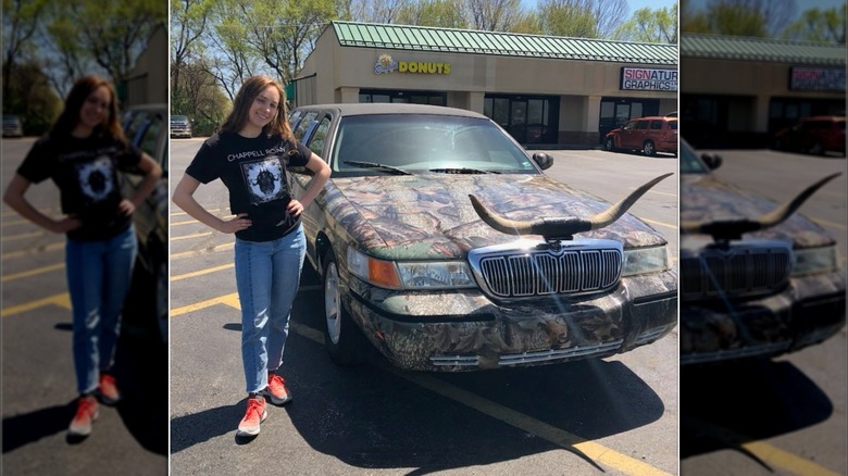 Chappell Roan posing next to a camouflage stretch limo