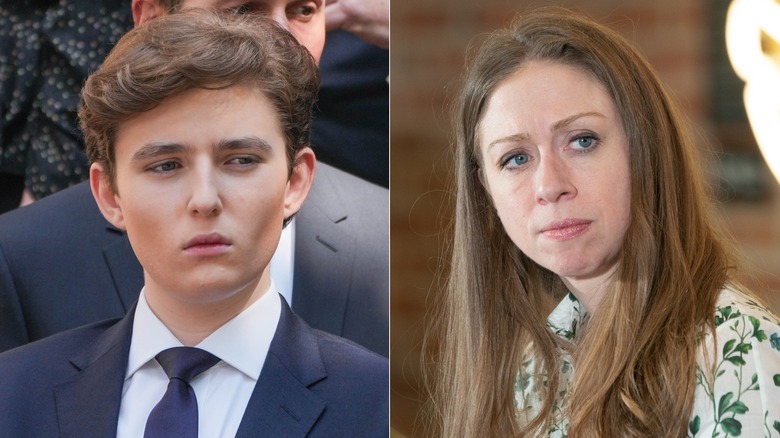 A split image of Chelsea Clinton and Barron Trump