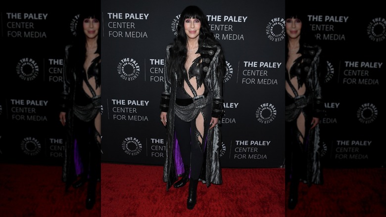 Cher posing at the "Bob Mackie: Naked Illusion" premiere