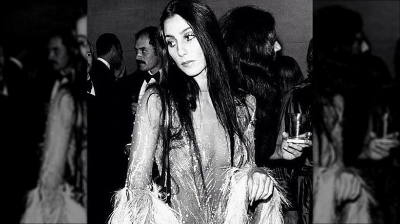 Cher wearing famous feathered dress