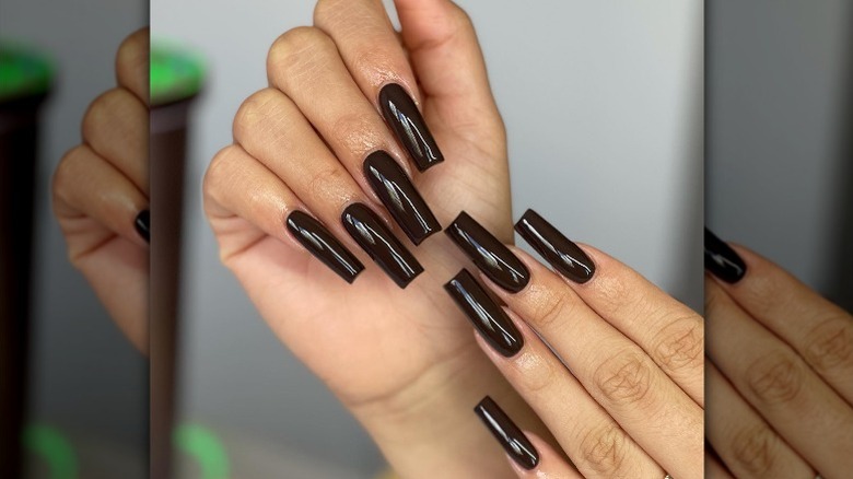 Long dark chocolate nails manicure