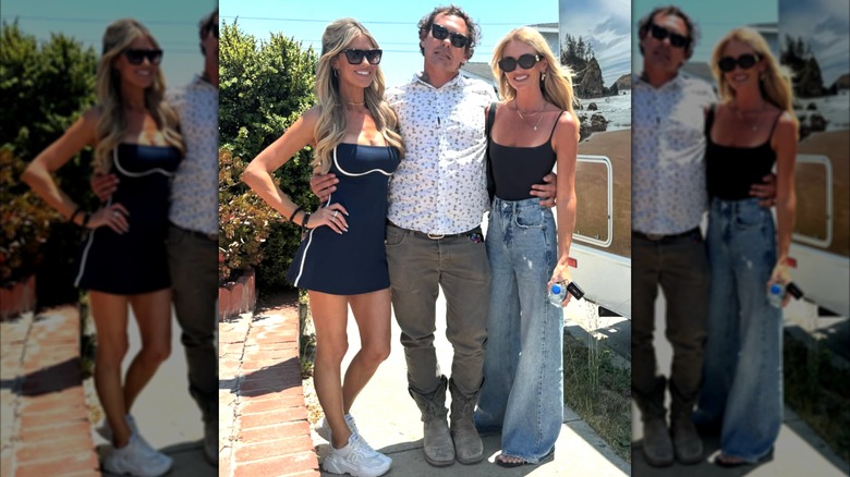 Christina Haack posing with friends wearing a blue tennis dress and white shoes