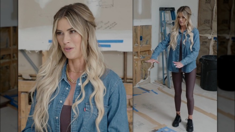 Split image of Christina Hall wearing a denim button-up over a spandex set