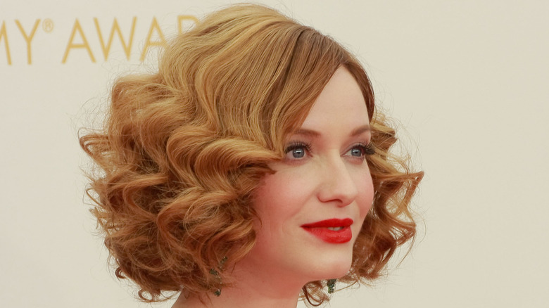 Christina Hendricks smiling, Emmys red carpet