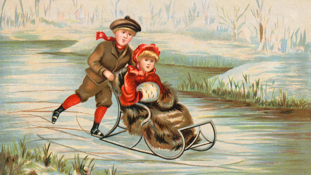 Curries and Ives children with sleigh