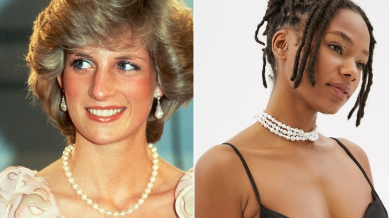 princess diana pearls on the left, urban outfitters necklace on the right