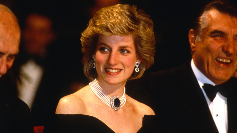 princess diana in off the shoulder gown and sapphire choker