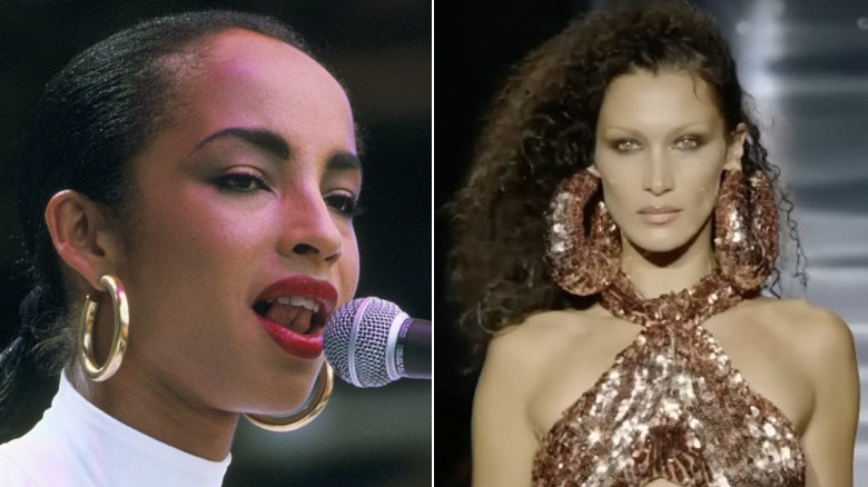 Sade singing in 1985 on the left, Bella Hadid walks tom ford runway in sequined dress and giant hoop earrings