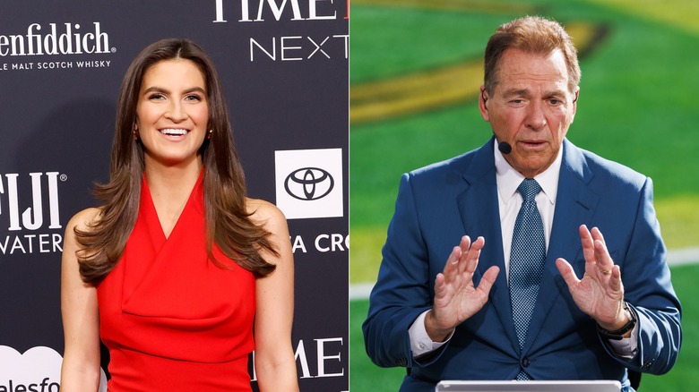 Kaitlan Collins during the 2024 Time100 Next Gala & Nick Saban speaking during College Gameday